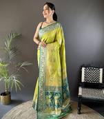 light green soft silk blend meenakari picock zari weaving work paithani saree