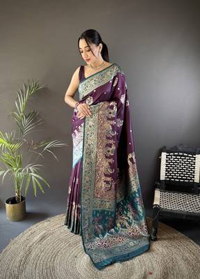 purple soft silk blend  meenakari peacock zari weaving work paithani saree 1