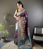 purple soft silk blend  meenakari peacock zari weaving work paithani saree