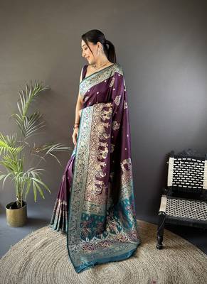 purple soft silk blend  meenakari peacock zari weaving work paithani saree 2