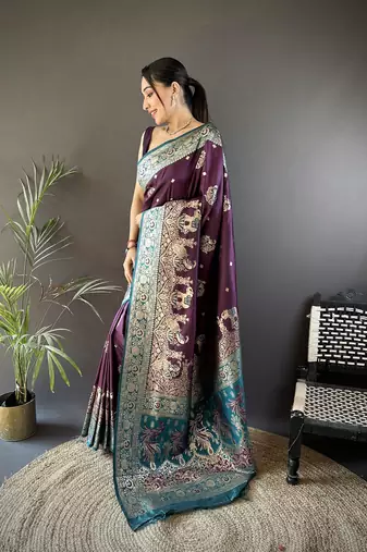 purple soft silk blend  meenakari peacock zari weaving work paithani saree