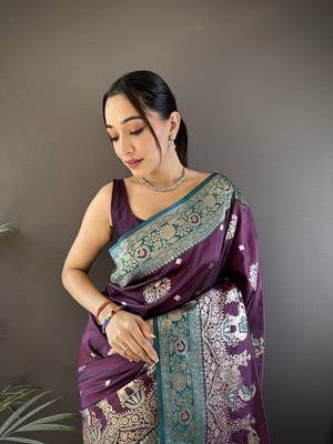 purple soft silk blend  meenakari peacock zari weaving work paithani saree 3