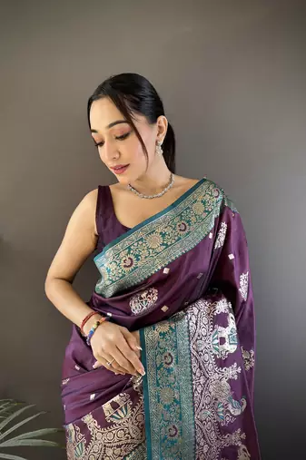 purple soft silk blend  meenakari peacock zari weaving work paithani saree
