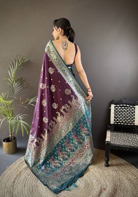 purple soft silk blend  meenakari peacock zari weaving work paithani saree 4