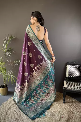 purple soft silk blend  meenakari peacock zari weaving work paithani saree
