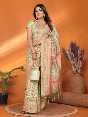 pastel green soft silk blend meenakari weaving work pashmina saree 1