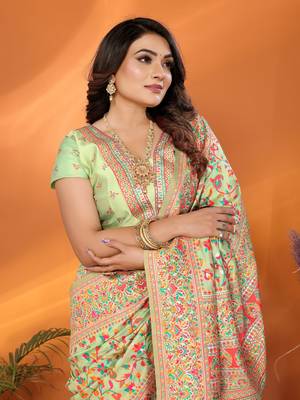 pastel green soft silk blend meenakari weaving work pashmina saree 3