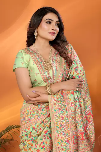 pastel green soft silk blend meenakari weaving work pashmina saree