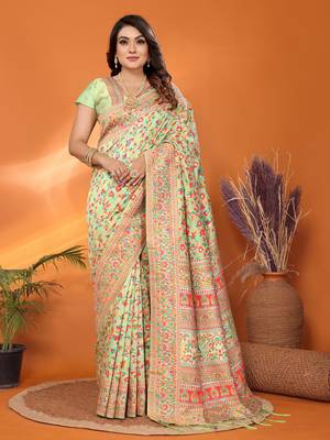 pastel green soft silk blend meenakari weaving work pashmina saree 4