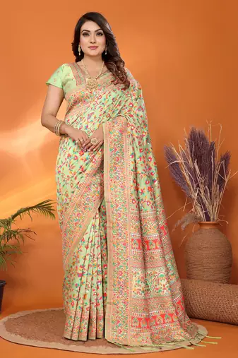 pastel green soft silk blend meenakari weaving work pashmina saree