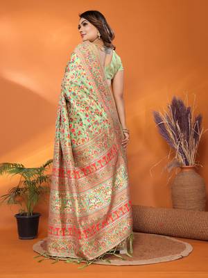 pastel green soft silk blend meenakari weaving work pashmina saree 5