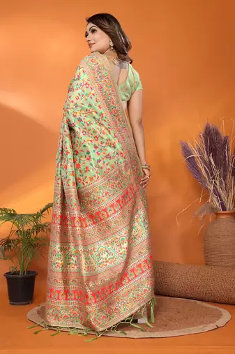 pastel green soft silk blend meenakari weaving work pashmina saree