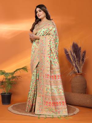 pastel green soft silk blend meenakari weaving work pashmina saree 6