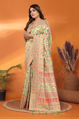 pastel green soft silk blend meenakari weaving work pashmina saree