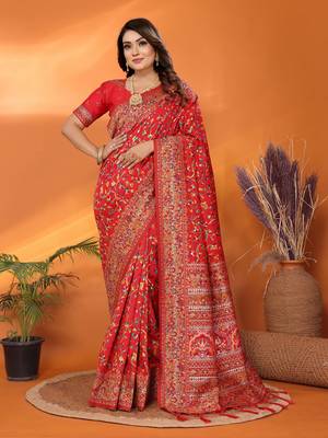 red soft silk blend meenakari weaving work pashmina saree 1