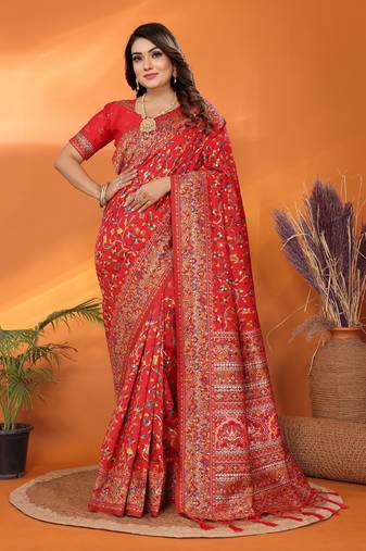 red soft silk blend meenakari weaving work pashmina saree