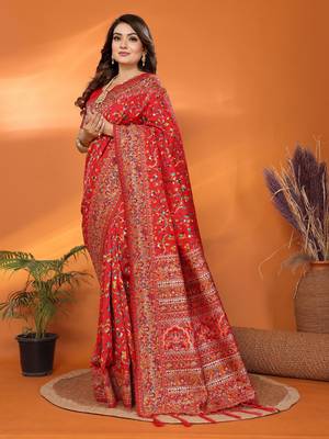 red soft silk blend meenakari weaving work pashmina saree 3