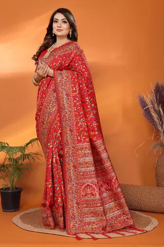 red soft silk blend meenakari weaving work pashmina saree