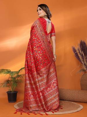 red soft silk blend meenakari weaving work pashmina saree 4