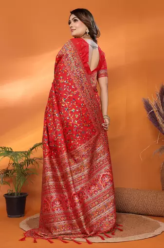 red soft silk blend meenakari weaving work pashmina saree