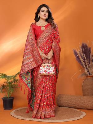 red soft silk blend meenakari weaving work pashmina saree 5