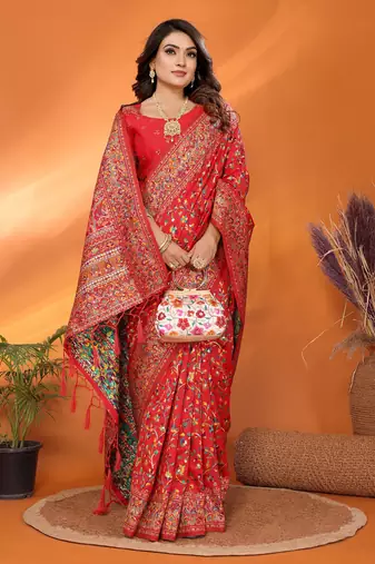 red soft silk blend meenakari weaving work pashmina saree