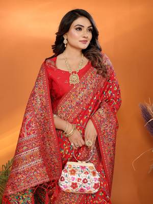 red soft silk blend meenakari weaving work pashmina saree 6