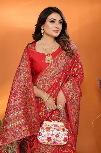 red soft silk blend meenakari weaving work pashmina saree