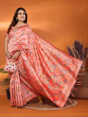 peach soft silk blend meenakari weaving work pashmina saree 1