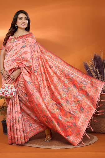 peach soft silk blend meenakari weaving work pashmina saree