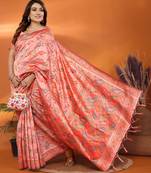 peach soft silk blend meenakari weaving work pashmina saree