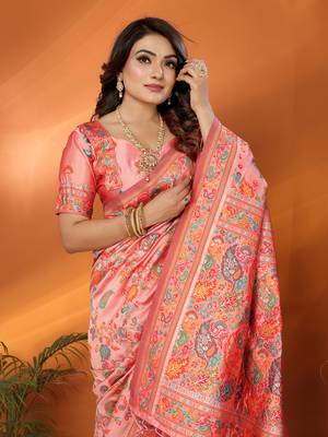 peach soft silk blend meenakari weaving work pashmina saree 3