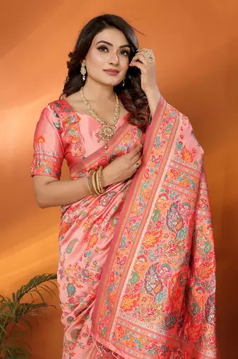 peach soft silk blend meenakari weaving work pashmina saree