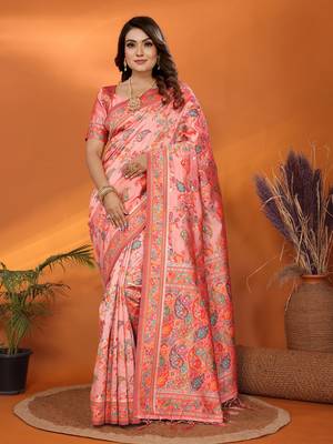peach soft silk blend meenakari weaving work pashmina saree 4