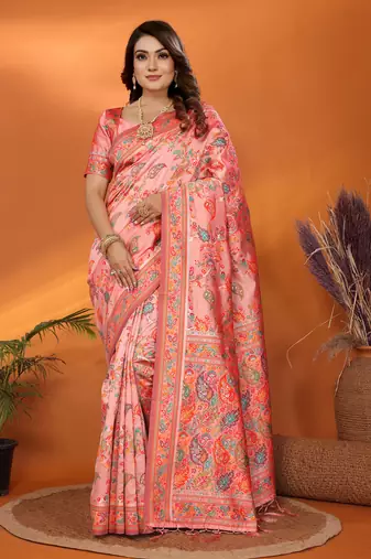 peach soft silk blend meenakari weaving work pashmina saree