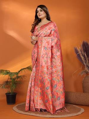 peach soft silk blend meenakari weaving work pashmina saree 5