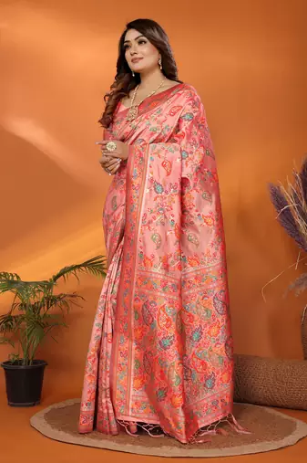 peach soft silk blend meenakari weaving work pashmina saree