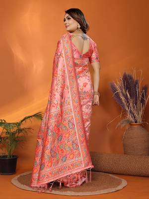 peach soft silk blend meenakari weaving work pashmina saree 6