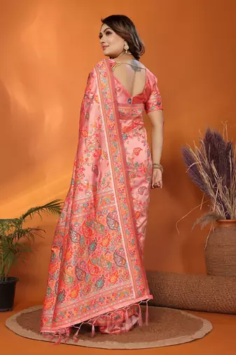 peach soft silk blend meenakari weaving work pashmina saree