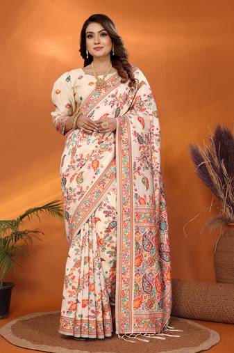 cream soft silk blend meenakari weaving work pashmina saree