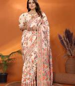 cream soft silk blend meenakari weaving work pashmina saree