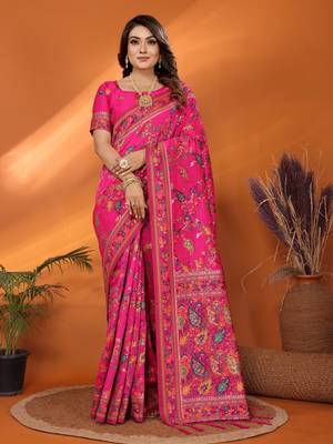 magenta soft silk blend meenakari weaving work pashmina saree 1