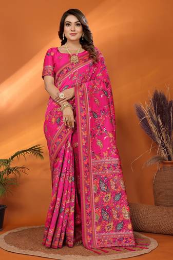 magenta soft silk blend meenakari weaving work pashmina saree
