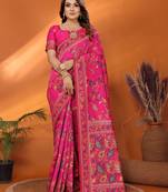 magenta soft silk blend meenakari weaving work pashmina saree
