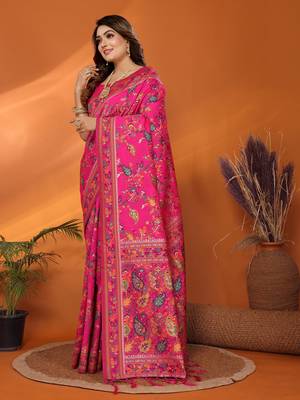 magenta soft silk blend meenakari weaving work pashmina saree 3