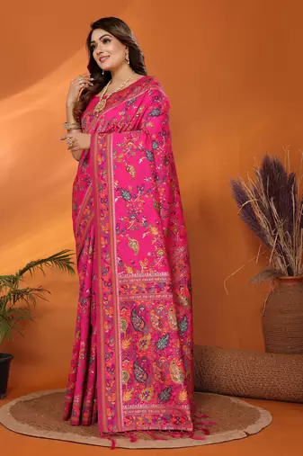 magenta soft silk blend meenakari weaving work pashmina saree