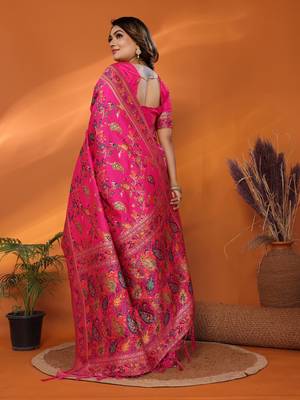 magenta soft silk blend meenakari weaving work pashmina saree 4