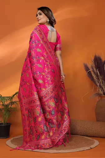 magenta soft silk blend meenakari weaving work pashmina saree