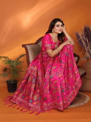 magenta soft silk blend meenakari weaving work pashmina saree 5