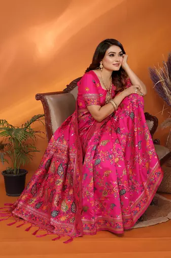 magenta soft silk blend meenakari weaving work pashmina saree